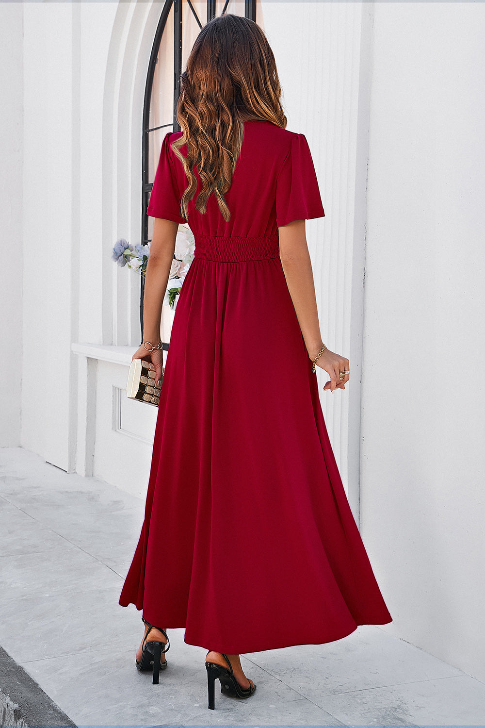 Slit V-Neck Short Sleeve Dress - store name